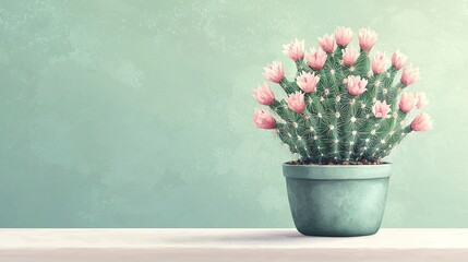 Wall Mural -   Cactus in Green Pot on White Table with Pink Flowers and Green Wall