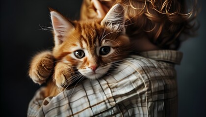 Wall Mural - Cherished moments of a child embracing a red cat in a heartfelt hug, celebrating the joy of feline companionship.