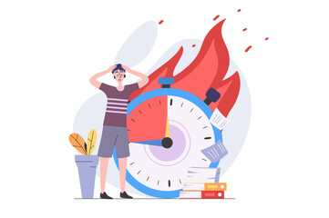 Aufkleber - Deadline concept in modern flat design for web. Overworked employee trying hurry to time and doing many tasks, solving urgency problems and getting stress and burnout at work. Illustration.