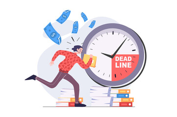 Wall Mural - Deadline concept in modern flat design for web. Anxious employee running with documents and trying hurry to time, solving problems and urgent tasks, doing paperwork at work. Illustration.