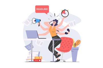 Aufkleber - Multitasking concept in modern flat design for web. Woman employee doing paperwork and trying hurry to time, getting many tasks, making processes organization with hour timeline. Illustration.