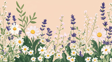 Blooming chamomile and lavender create vibrant herbal decoration, showcasing beautiful border of flowers. This illustration captures essence of natures beauty and tranquility