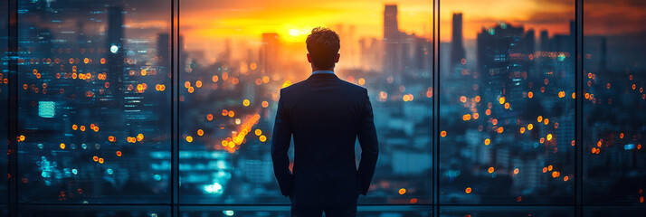 Canvas Print - Businessman looking out at the city skyline at sunset.