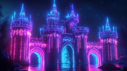 Wall Mural - Neon Castle by the Lake