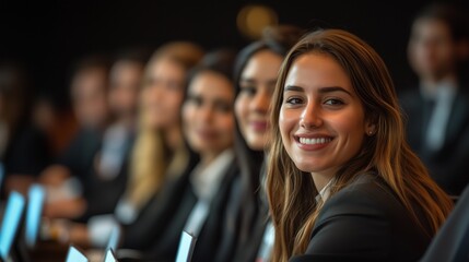 A group of business people at a conference or meeting, sitting in arow and listening to a presentation. Highlighting the focus and engagement of attendees.