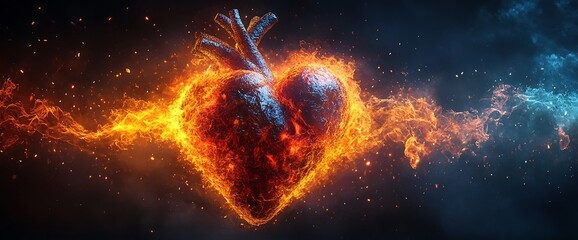 Sticker - A flaming heart with fire and smoke on a dark background.