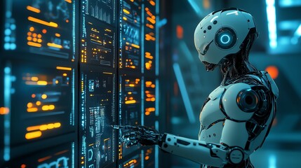 Aufkleber - Futuristic robot interacting with advanced computer systems in a high-tech server room. Representing AI and technology advancements.