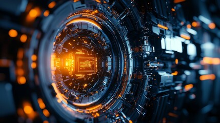 An abstract digital background with a circular core, featuring a futuristic design.