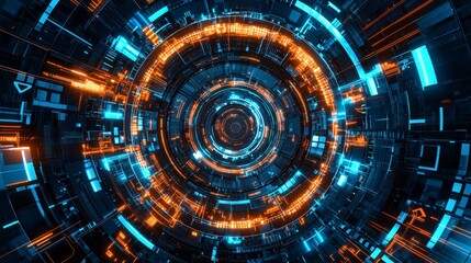 Circular core, complex digital background.