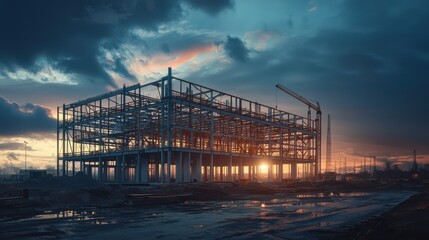 Wall Mural - Early evening shot of an industrial construction site for a new factory, with the framework of the building under a twilight sky