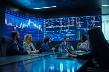 Poster - Team strategizing in a modern conference room with digital market analysis displayed on large screens during a business meeting