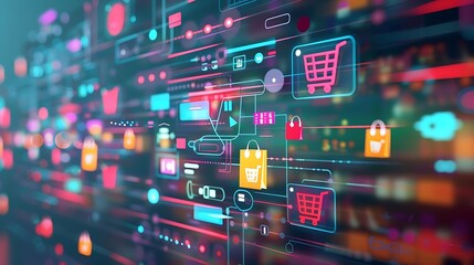 Wall Mural - a dynamic visual representation of e-commerce, featuring digital shopping carts, product images, and vibrant icons on a sleek background