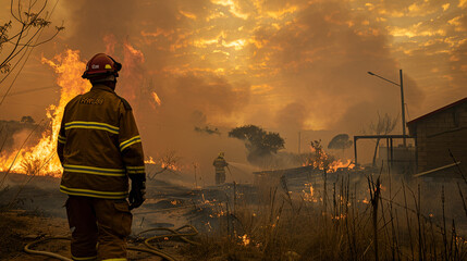 Firefighter working on burning house