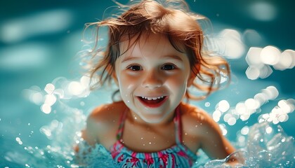 Joyful summer moments of a little girl splashing in the sparkling pool water