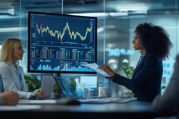 Poster - business meeting featuring two women discussing financial data in a modern office setting, with a la