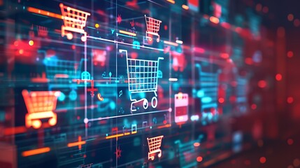 a dynamic visual representation of e-commerce, featuring digital shopping carts, product images, and vibrant icons on a sleek background