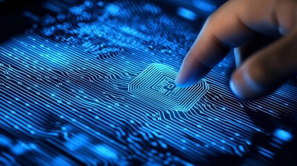 Poster - Blue icons and data are displayed in a digital interface interacting with a hand.