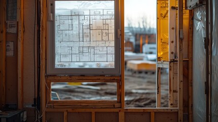 Wall Mural - High-resolution image of a construction foreman's trailer with architectural plans visible through the window, at a large site