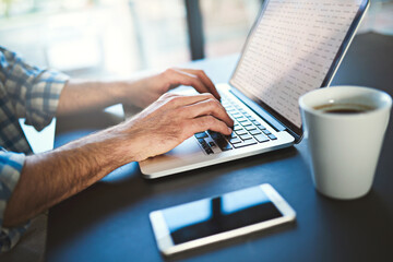 Aufkleber - Laptop, hands and man typing for UX, online project development or research with website design. SEO designer, social media traffic and closeup person working on company search engine with coffee