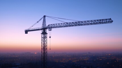 Wall Mural - Hyper-realistic depiction of a large construction crane towering over an urban landscape at dusk