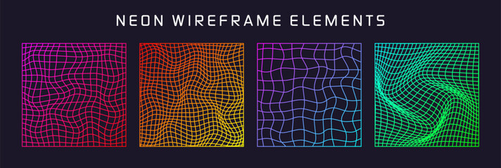 Colorful wireframe shapes, lined perspective mesh, 3d grid. Low poly geometric elements. Retro futuristic design elements, y2k, vaporwave and synthwave style. Vector illustration