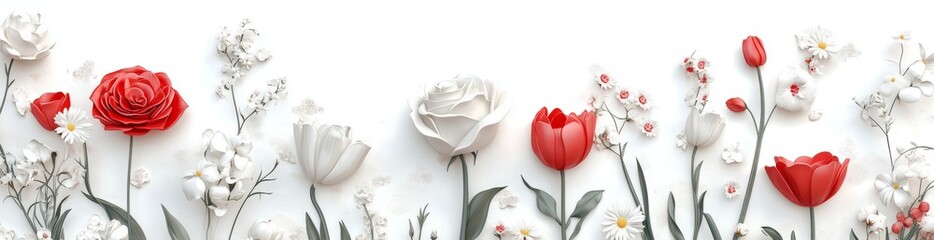 Wall Mural - Banner design with different beautiful flowers on a white background.