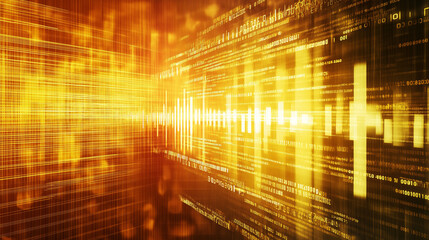abstract golden digital background with data streams and grid lines.