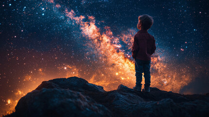 Sticker - Young boy gazing at the stars in awe.