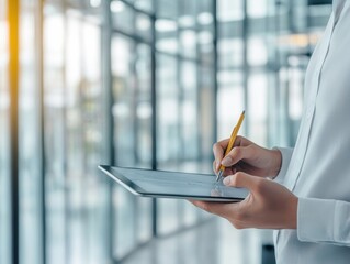 A professional holding a digital tablet and stylus, showcasing modern technology in a glass office environment.