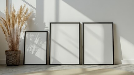 A stylish arrangement of three blank frames positioned against a wall with soft natural light illuminating the space and a decorative plant nearby