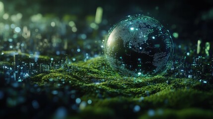 Wall Mural - 3D rendering of a digital earth hologram floating on top of an electronic chip platform with glowing circuit lines and green mossy vegetation around it, against a dark background