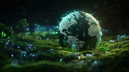 Wall Mural - 3D rendering of a digital earth hologram floating on top of an electronic chip platform with glowing circuit lines and green mossy vegetation around it, against a dark background