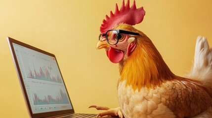 Poster - Chicken Working on Laptop with Glasses and Data Charts