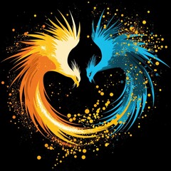 Canvas Print - Abstract Phoenix Birds in a Circle of Fire and Water