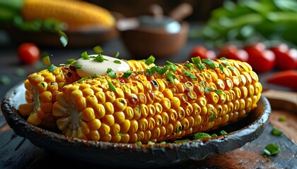 Deliciously Buttered Boiled Corn Close-Up on Vibrant Wallpaper Background