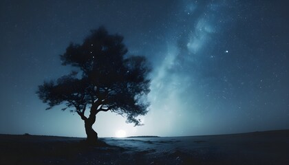 Wall Mural - Stark beauty of a lone ancient tree silhouetted against a starry night sky in monochrome tones