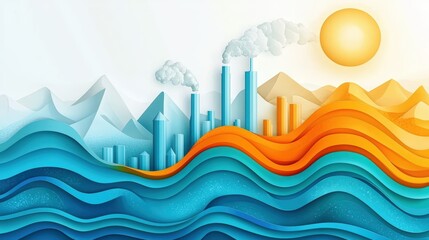 Wall Mural - A blue and orange wave with a city in the background