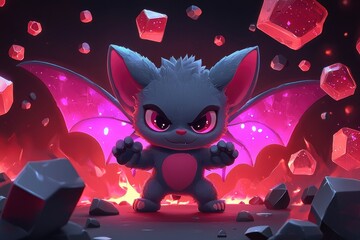 Poster - Cute Cartoon Bat with Wings Spread Wide in a Red and Purple Setting