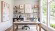 © Preecha - A captivating workspace inside a modern home office, showcasing a sleek desk, organized shelves, and inspirational decor. Natural light filters through large windows, creating an inviting and