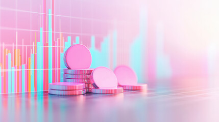 Wall Mural - Pink and Blue Coin Stacks with Chart Background.