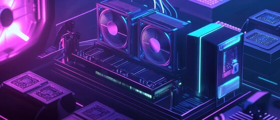 Poster - A futuristic computer setup with neon lighting and intricate components.