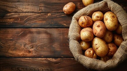 Sack of fresh raw potatoes on wooden background, top view. 