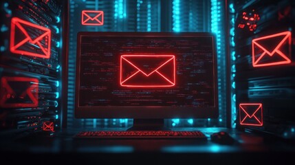 Poster - A digital workspace with a glowing computer displaying email notifications in a tech environment.