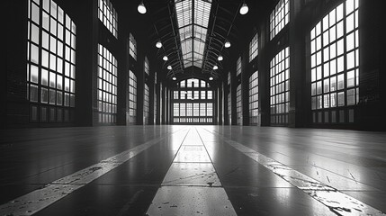 Wall Mural - A striking black and white photograph capturing the grandeur and architectural beauty of a spacious, high-ceilinged hall with numerous arched windows