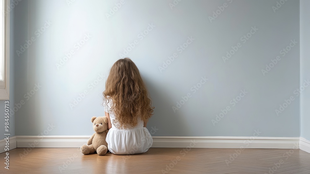 Little girl sitting on the floor with a teddy bear in an empty room ...