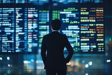 Poster - business professional examining stock market data on a digital display in a modern office building a