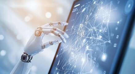 Poster - Using virtual screen interface to control automation robotics arms machines in intelligent factory industrial with icon' AI. Industry 4.0 technology concept and futuristic technology.