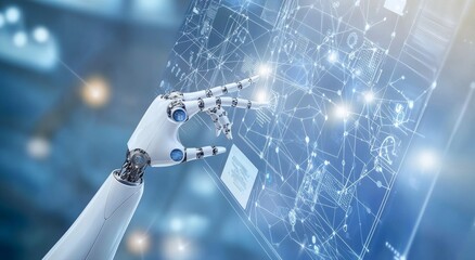 Poster - The robot hand uses the virtual screen interface to check the status of the automation robotics arms machine in intelligent factories with icon' AI. The concept of Industry 4.0 and futuristic