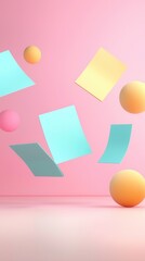 Wall Mural - Floating Geometric Shapes on Pink Background.