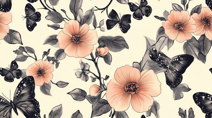 Seamless pattern featuring flowers and butterflies Floral illustration